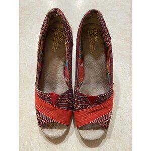Toms Red Canvas Open Toe 3"heels platform Wedge Slip On Shoes W9.5